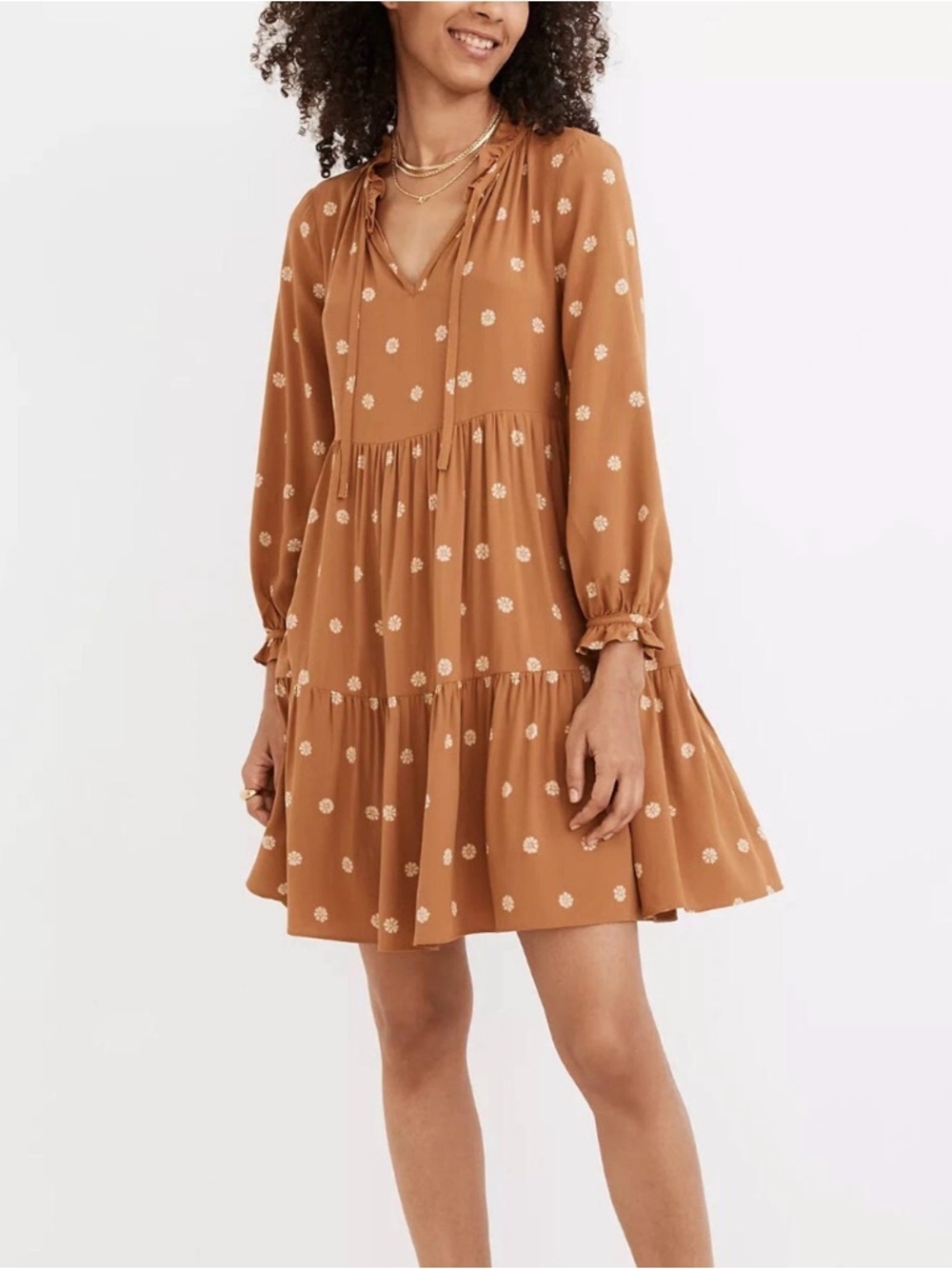 Madewell Mini Dress Womens XS Warm Hickory Bloom Dot Floral Tiered  A-Line Boho
